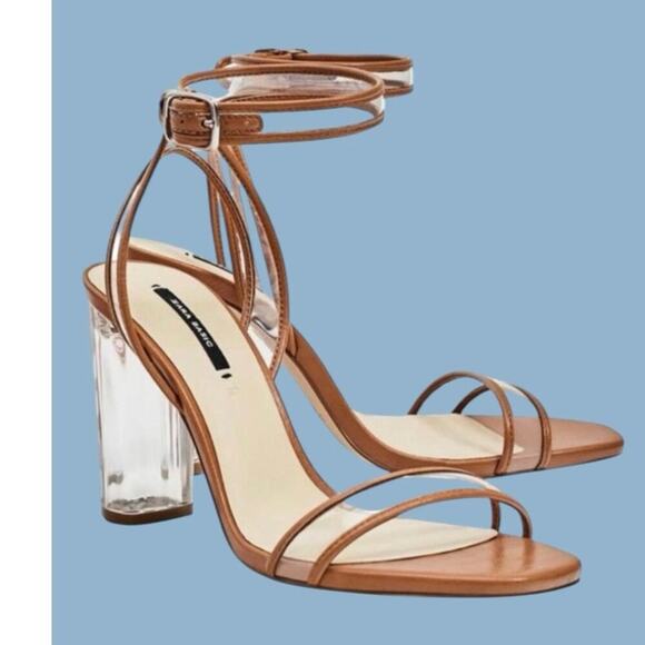 Zara lucite clear tan brown ankle strap block heels sandals size EU 39 US 8 - Picture 9 of 16